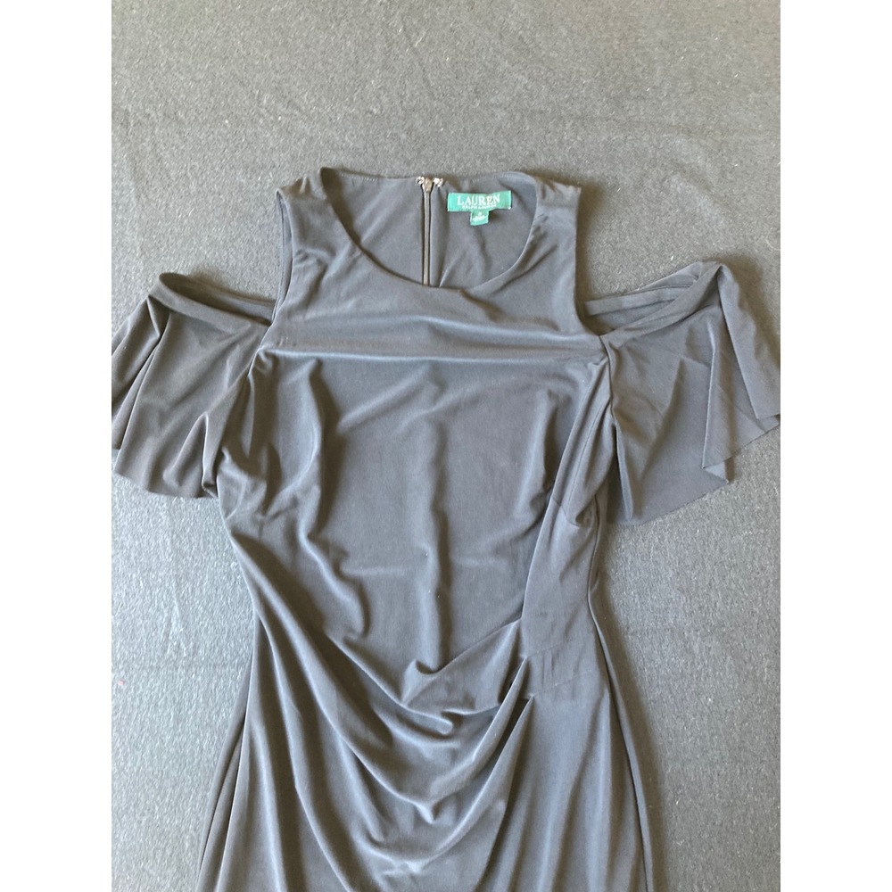Lauren Ralph Black Cold Shoulder Sheath Dress‎ Womens 6 Ruched Stretch Cocktail